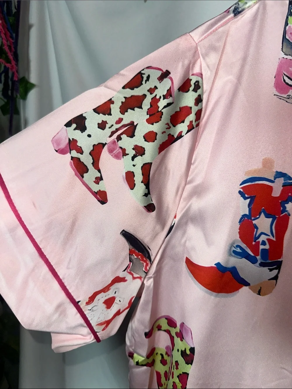Sheshow Pink Satin Short PJ Set with Colorful western boot Print